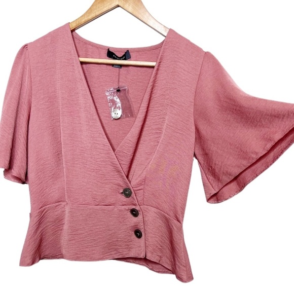 Primark Womens Short Sleeve Wrap Button Dusty Rose Peplum Formal Crop Top Blouse - Picture 3 of 16